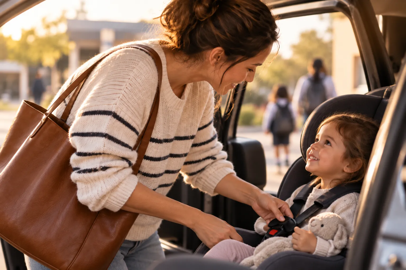 Madre asegurando a una niña en una silla infantil dentro del coche
